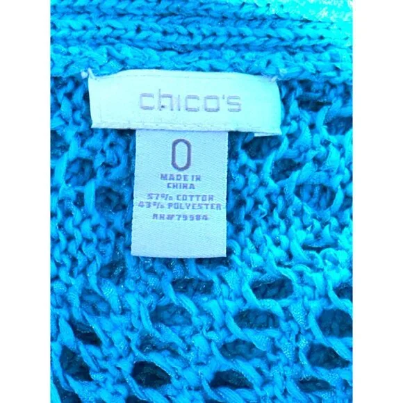Chicos Halo Open Knit Riviera Pullover Aqua Blue Short Sleeve Sweater Top Size 0 - Picture 5 of 9